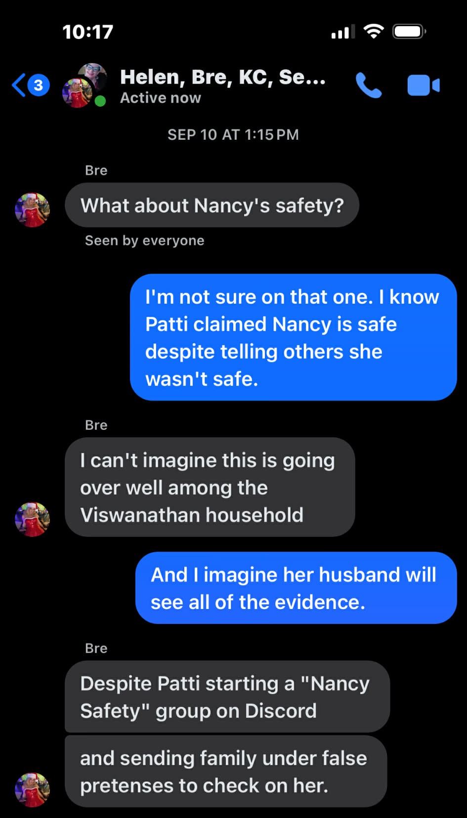 10:17 i _)) <@ Na Helen, Bre, KC, Se... wy Ga PR. Active now SEP 10 AT 1:15PM Bre mR What about Nancy's safety? Seen by everyone Bre can't imagine this is going over well among the mR Viswanathan household Bre Despite Patti starting a "Nancy Safety" group on Discord and sending family under false mR pretenses to check on her.
