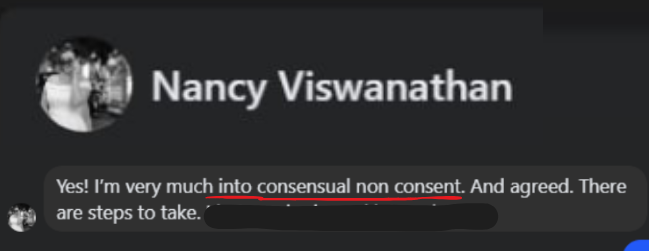 om ¢* Nancy Viswanathan Yes! I'm very much into consensual non consent. And agreed. There @ are steps to take. ° — . =