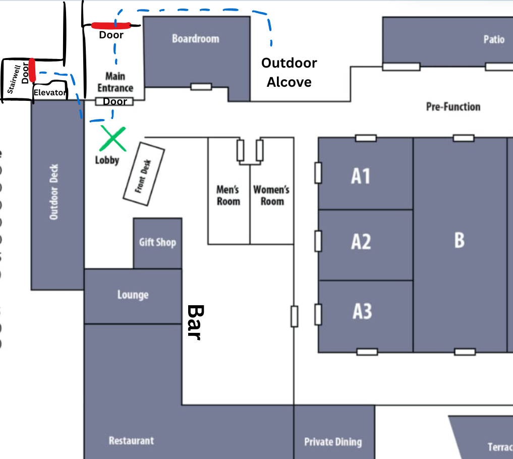 ¢ —— — — \\ a Boardroom ’ Patio 7 t Outdoor — a- — : a Eco) Bra _ Alcove eer Pre-Function x inl a wn , Lobby om: 1 At ) 5 Women’s 3 Room 6 ) Gift Shop A2 B Lounge w A3 — — Restaurant Private Dining