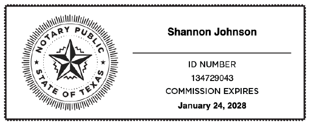 Texas Notary Public seal — Shannon Johnson, ID Number 134729043, Commission Expires January 24, 2028